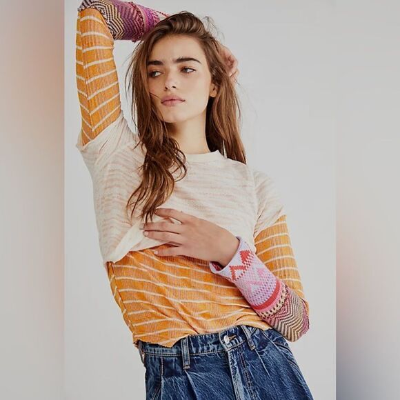 NEW Free People Alpine Stripe cuff thermal top - Picture 1 of 9